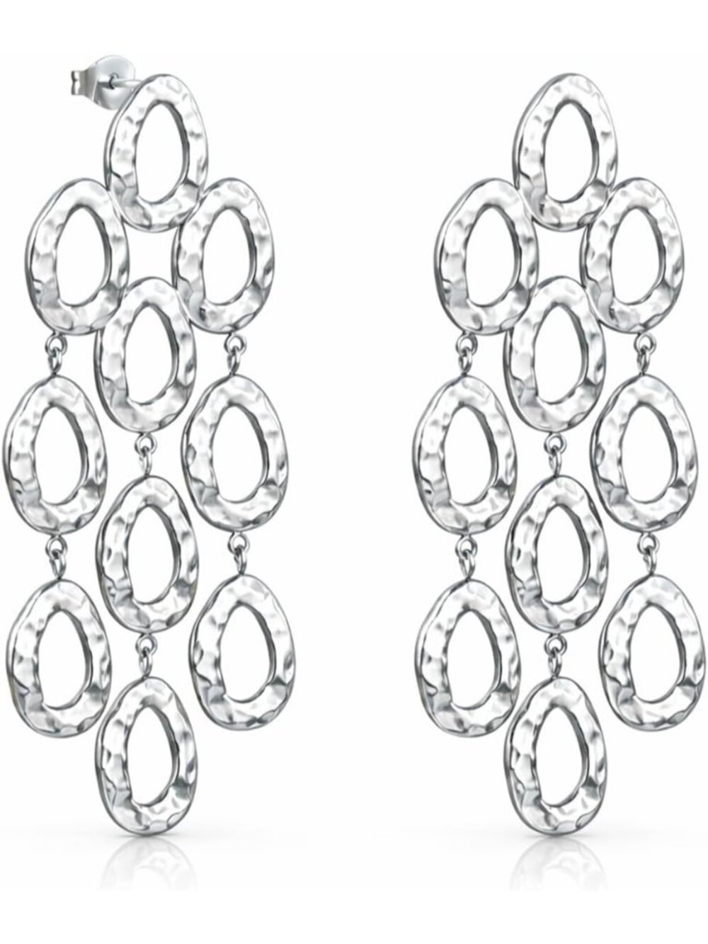 Women's Silver 18k Gold Plated Statement Hammered Chandelier Long Oval Earrings